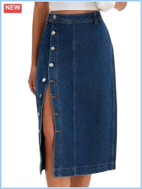 High Waisted Button Down Midi Denim Skirt with Side Slit